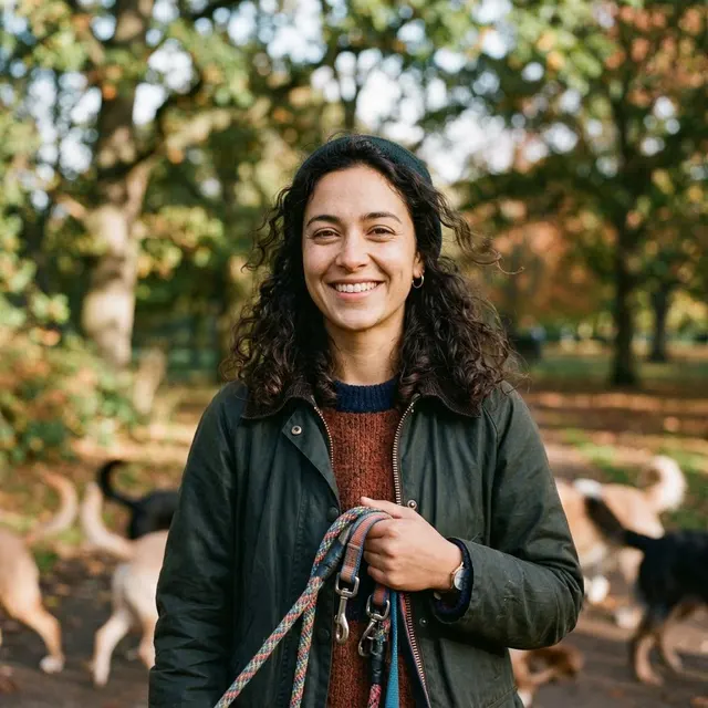 A dog walker with curly hair smiling in a leafy park, leashes in hand.
