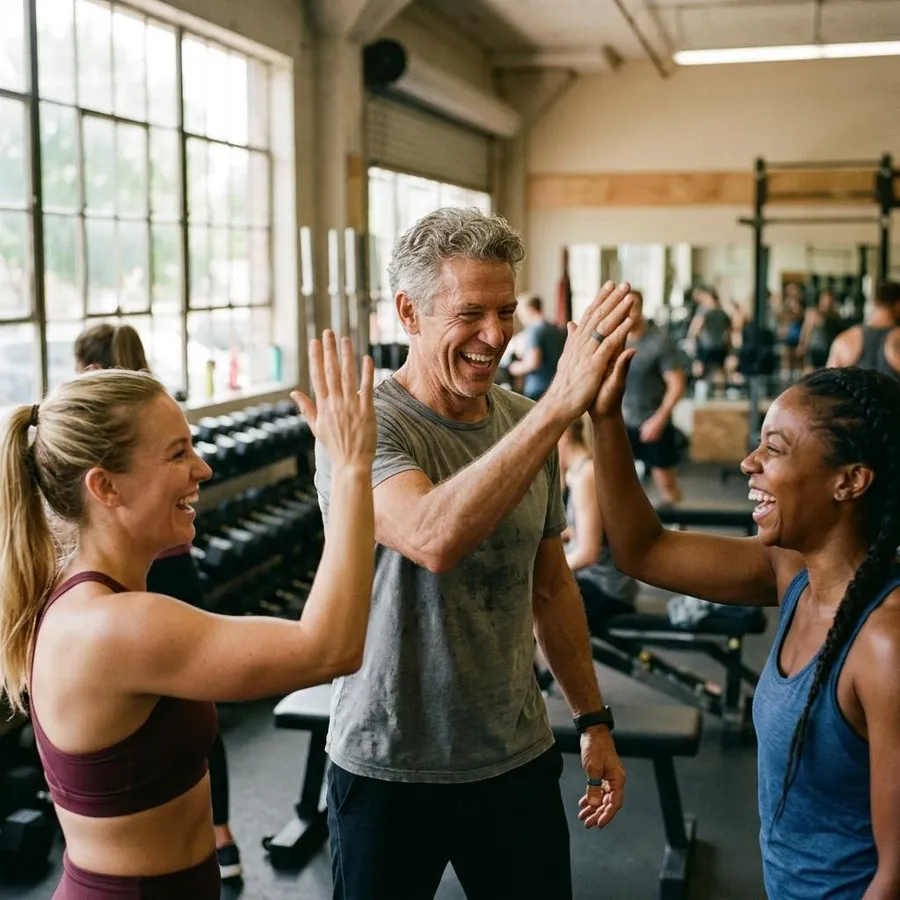 A fitness coach high-fiving two members in her gym.