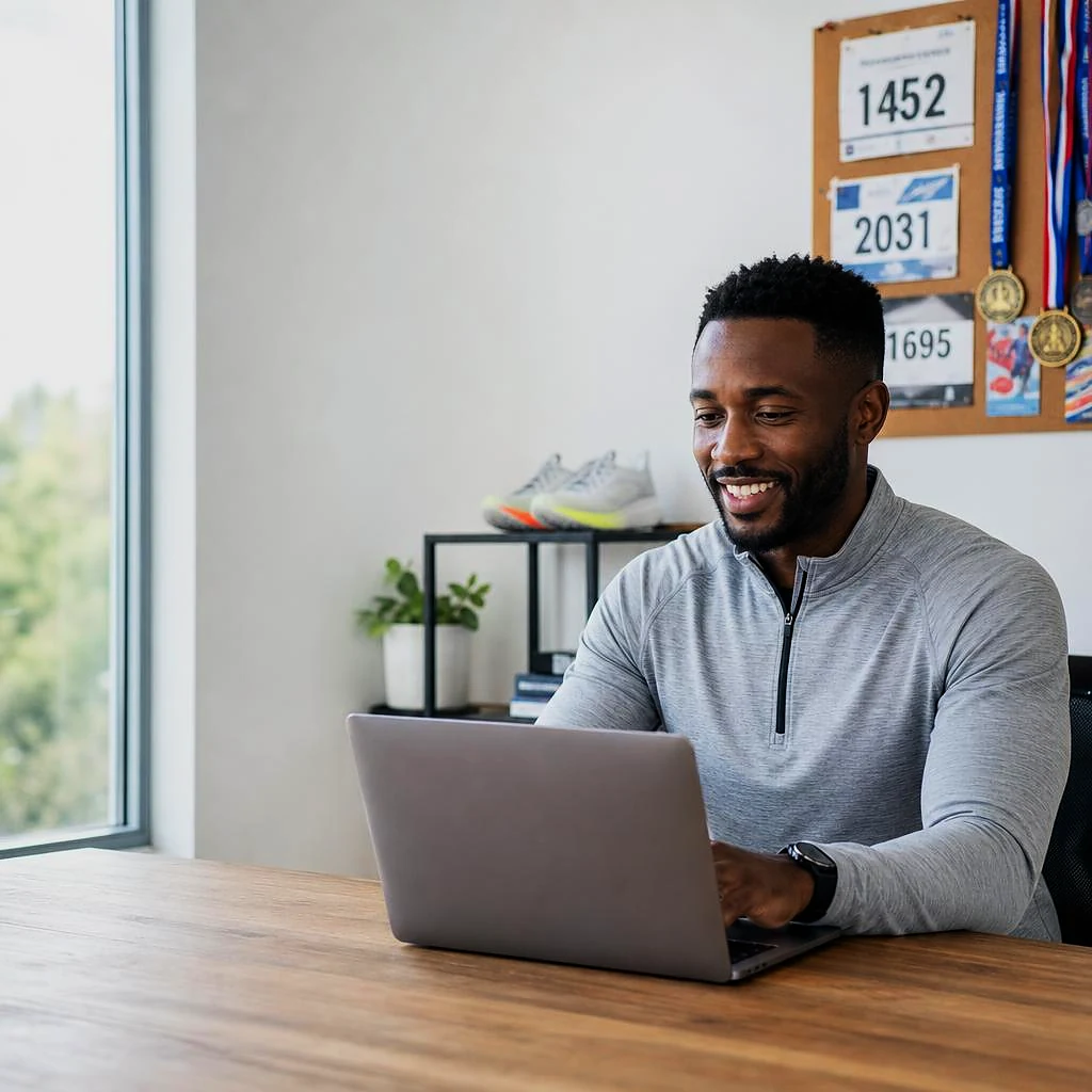 The founder of a run club, in a light grey quarter-zip, smiles at his laptop by a window, race bibs and medals pinned to the corkboard behind him.
