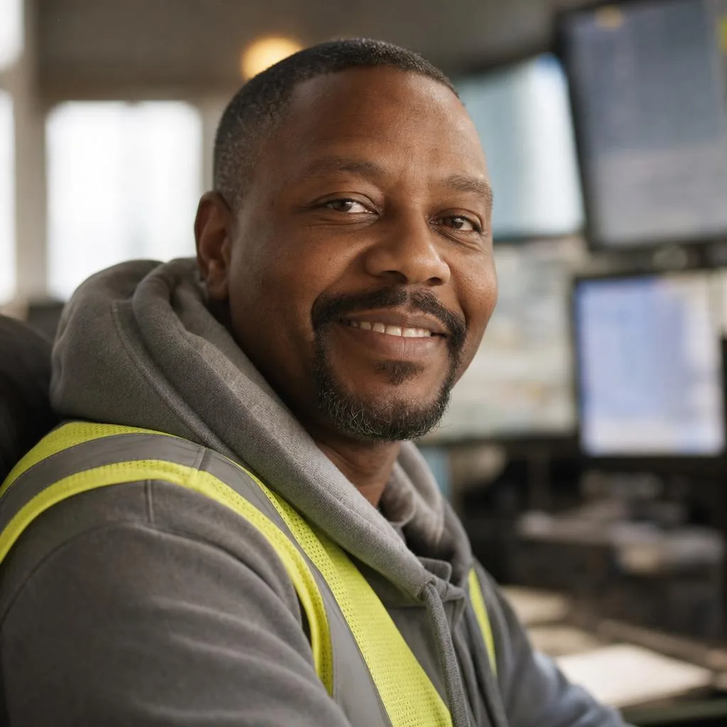 A dispatcher in a high-visibility vest smiling in a busy dispatch office.