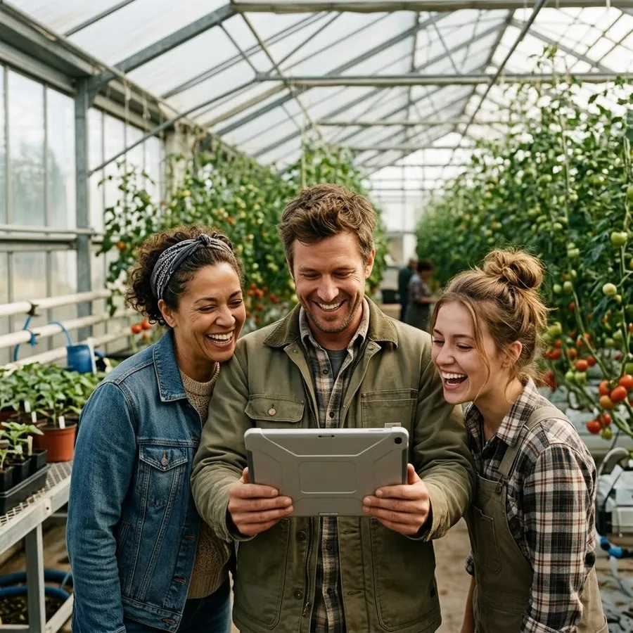 A farm team laughing over a tablet in a greenhouse.