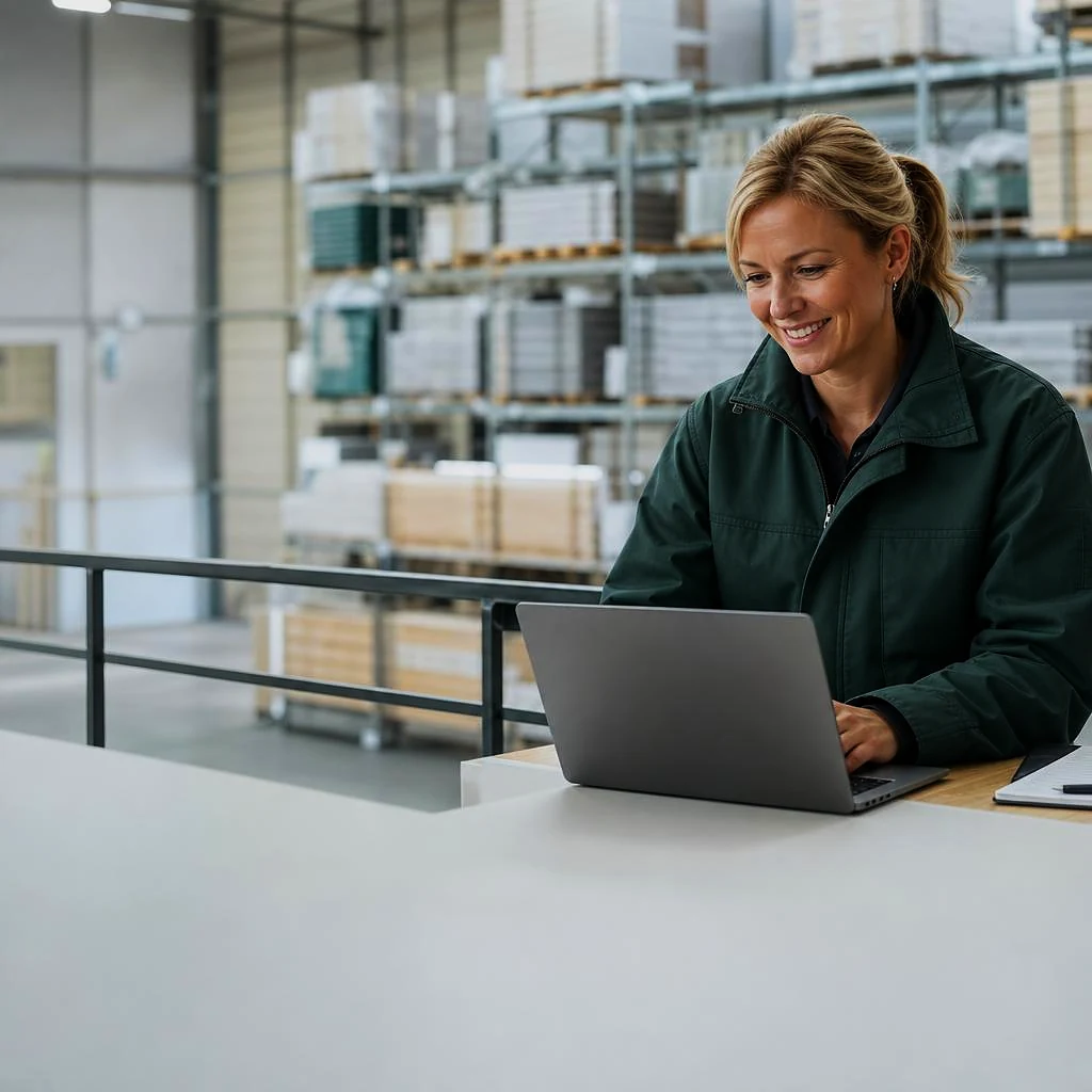 An operations manager in a dark green work jacket smiles at her laptop on a warehouse mezzanine, racks of timber behind her.