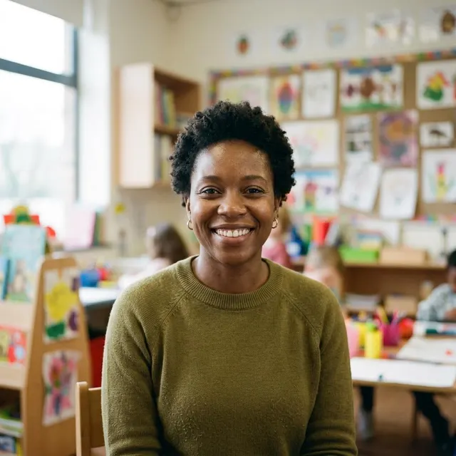 A primary school teacher smiling in her bright classroom.