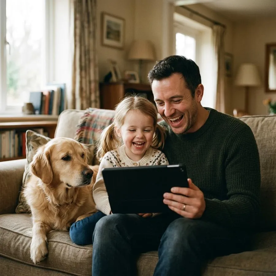 A father and daughter laughing at a racing game on a tablet, their dog beside them.