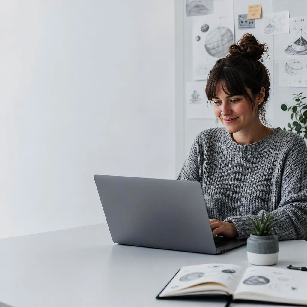 A game maker in a grey sweater smiles at her laptop at her studio desk, planet sketches pinned to the wall behind her.