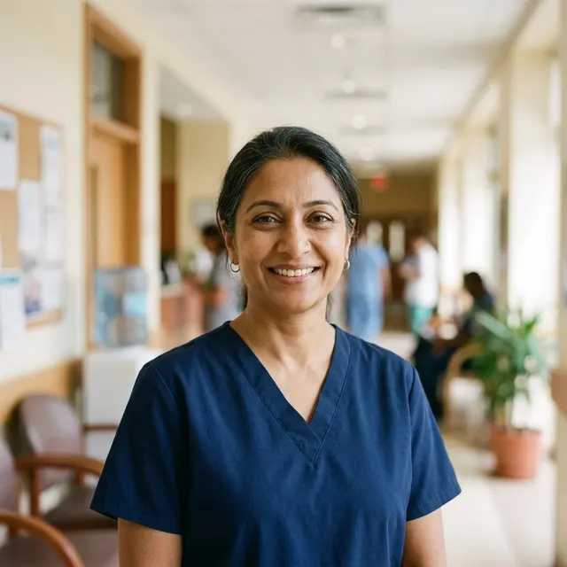 A clinic manager in navy scrubs smiling in a bright clinic hallway.