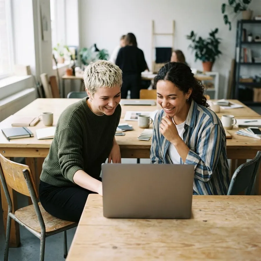 A designer and her client smiling over work on a laptop.