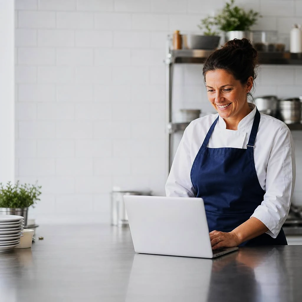 The owner of a catering company, in a navy apron, smiles at her laptop on a steel counter in her bright kitchen.