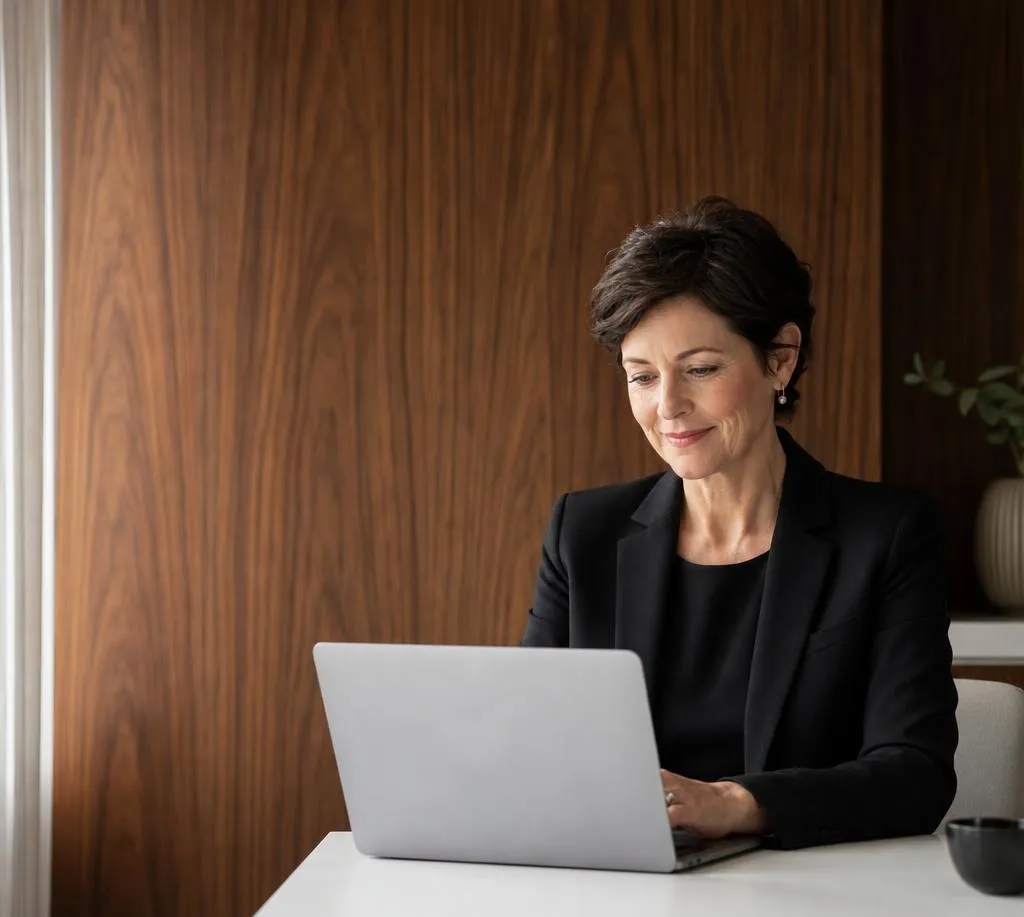 Business leader reviewing an internal app on her laptop