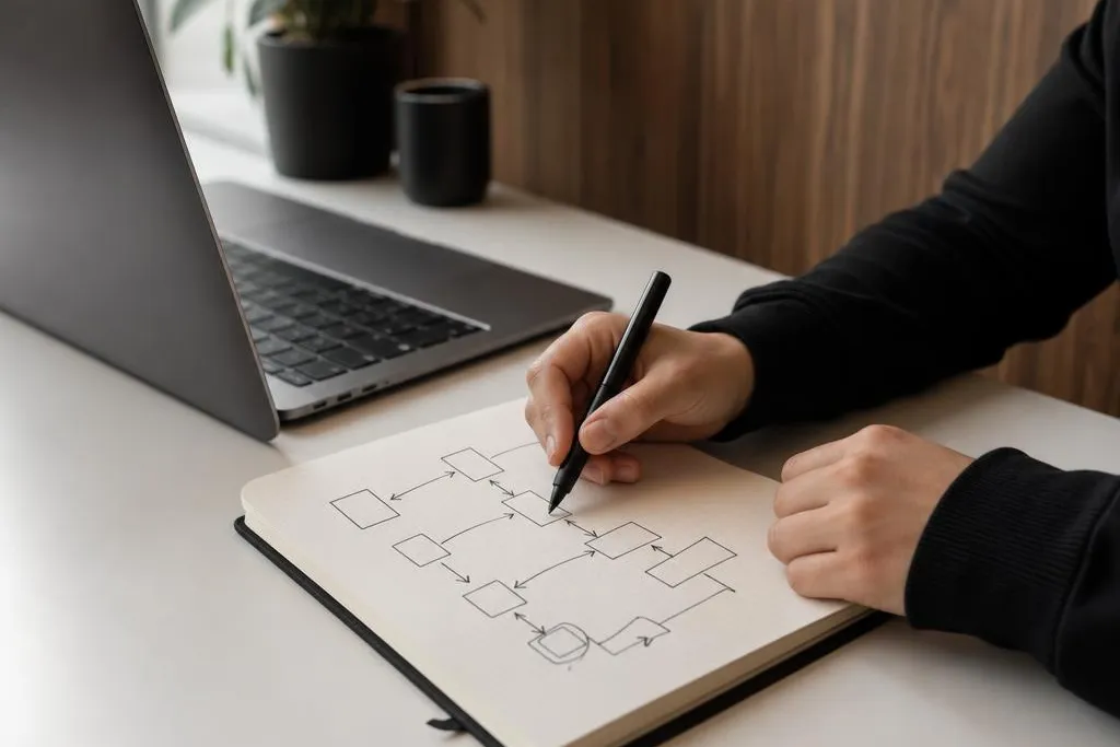 Hands sketching a workflow diagram in a notebook beside a laptop