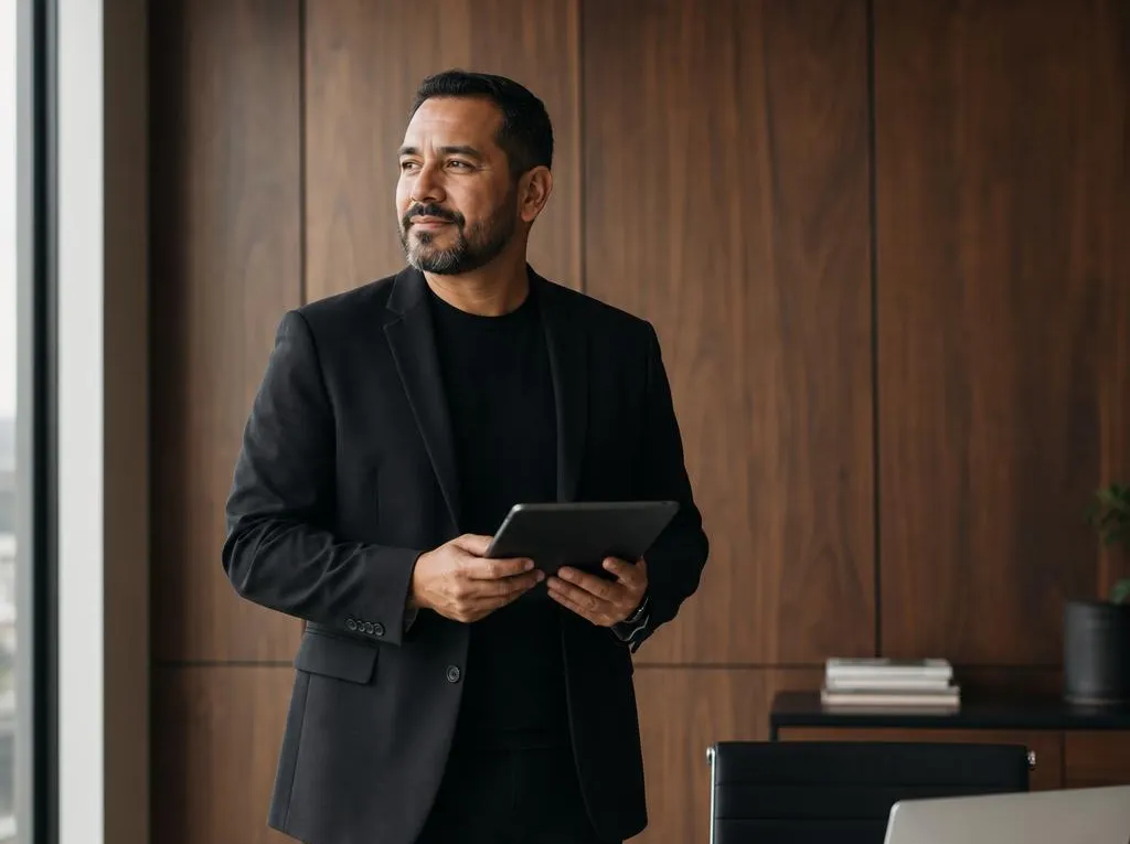 Department lead holding a tablet in a wood-paneled office