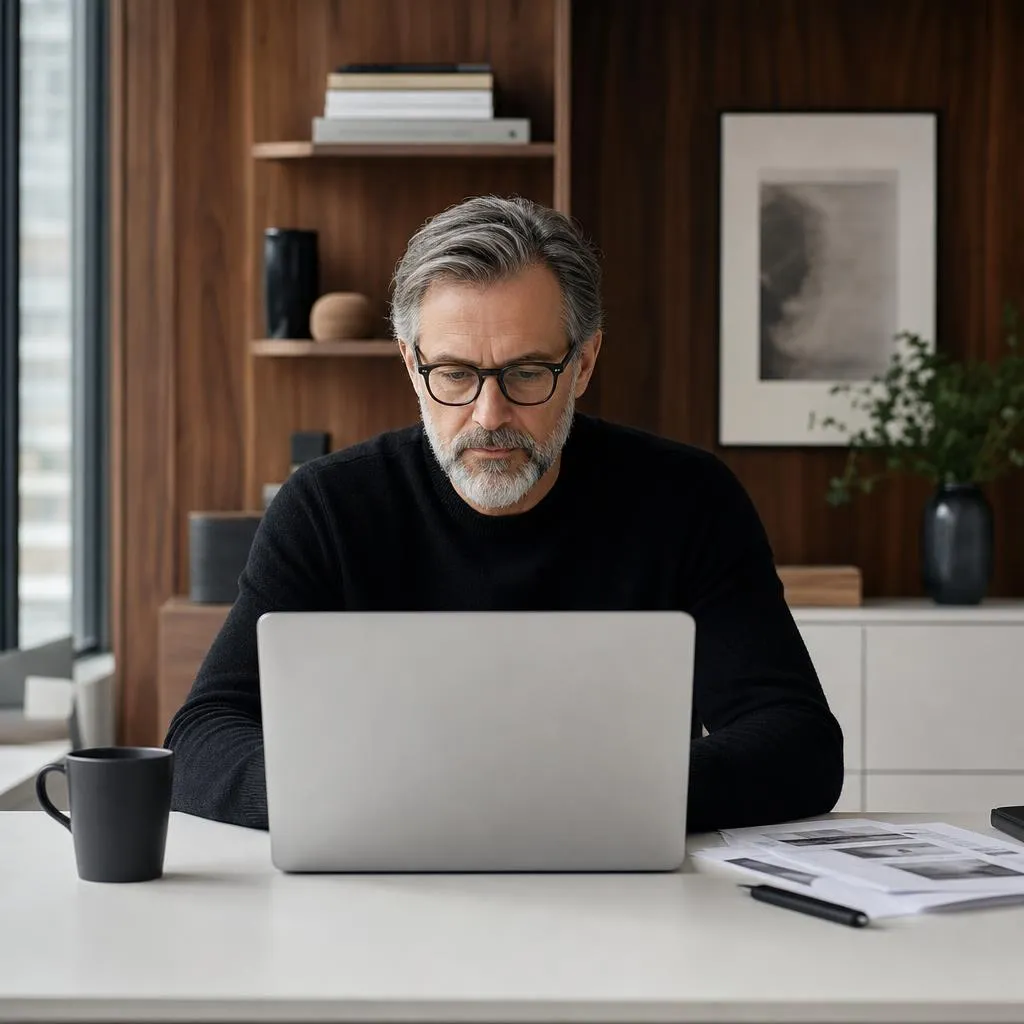 Leader looking up an answer in company documents at his laptop