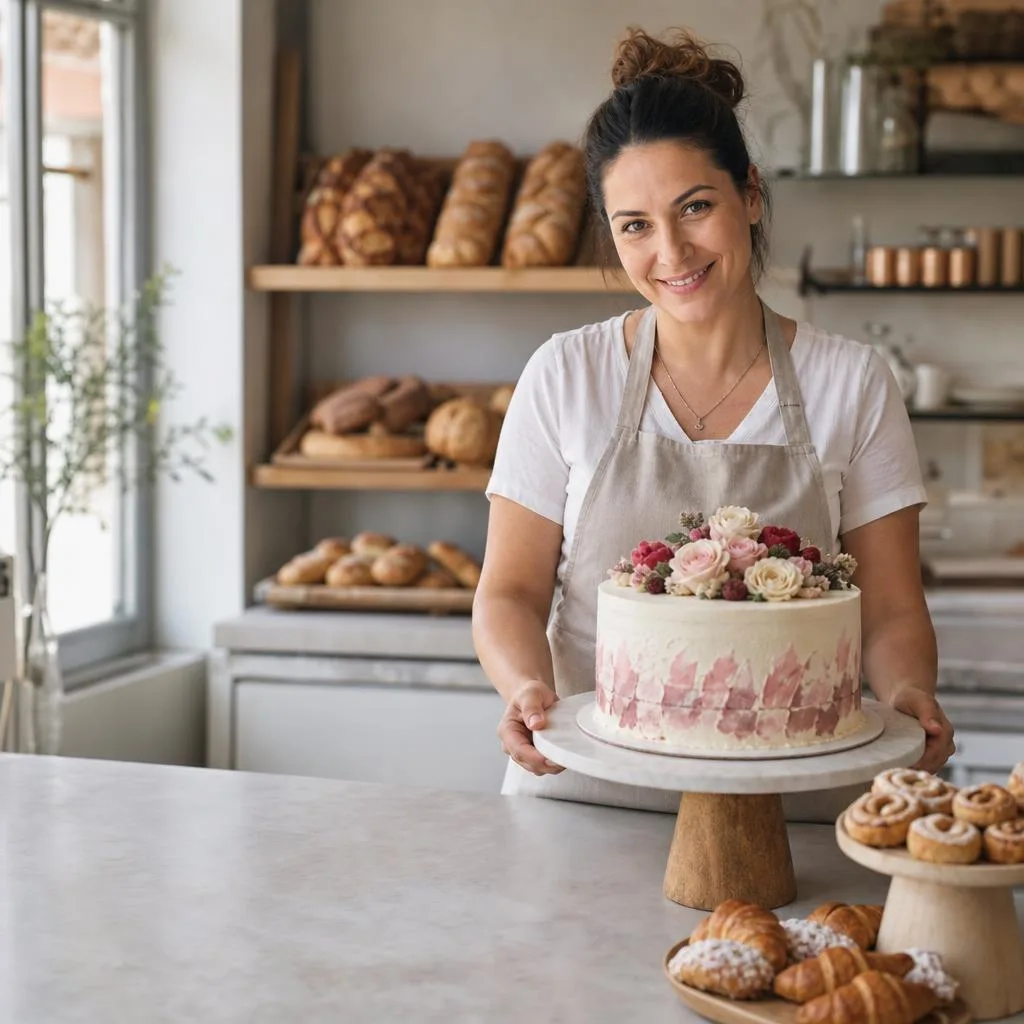 Baker holding a finished celebration cake in her bakery