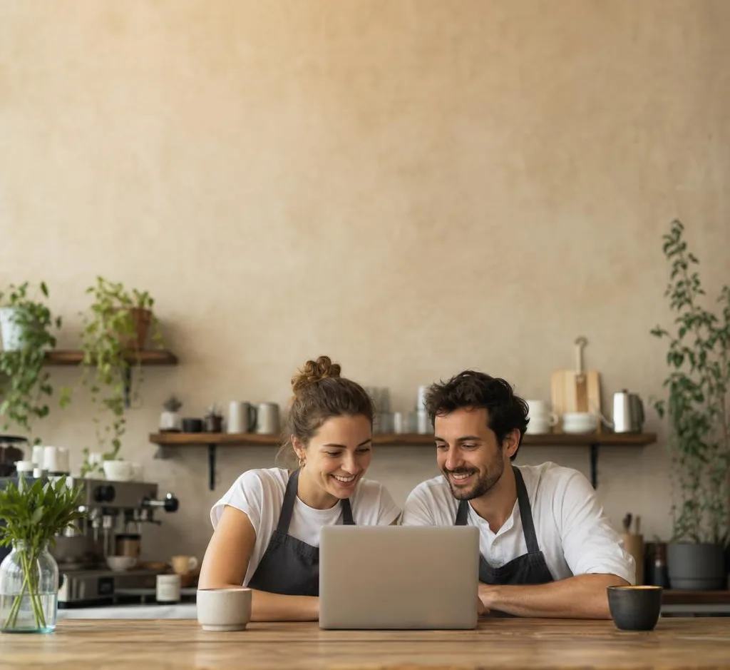 Two café owners reviewing their website together at the counter