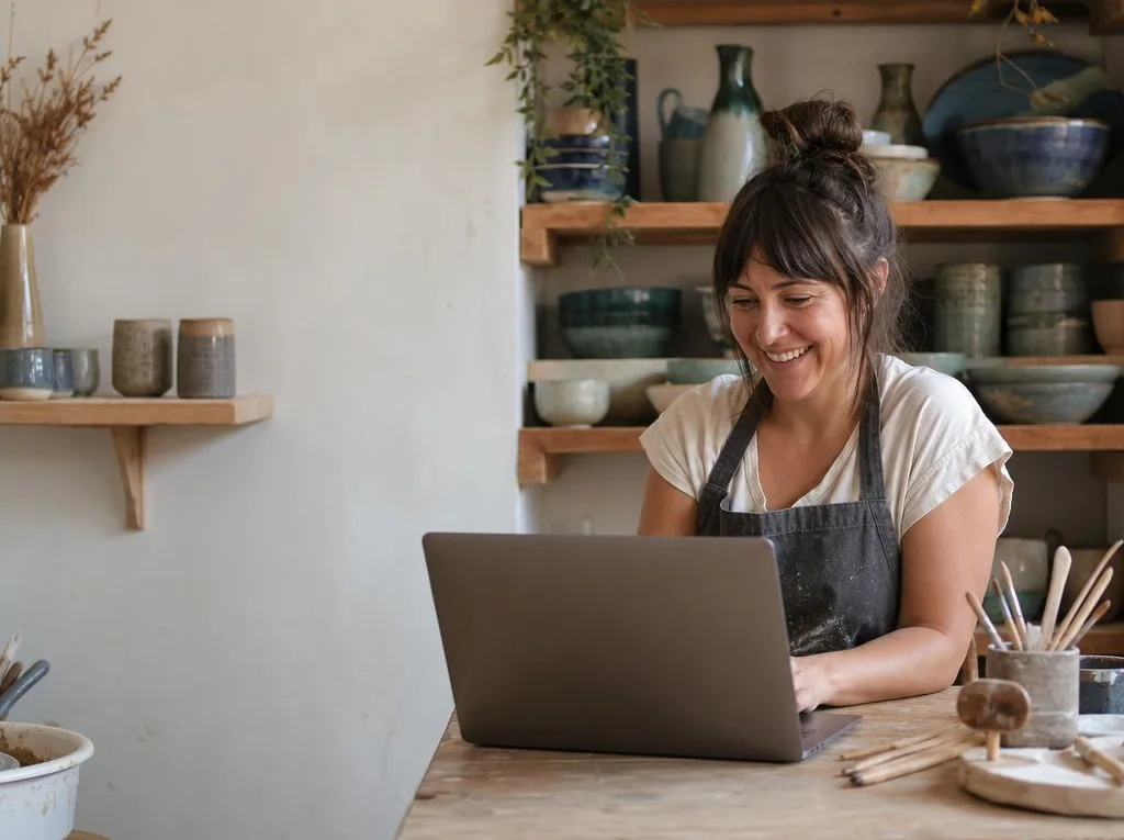 Ceramicist at her studio table reviewing her shop's website on a laptop