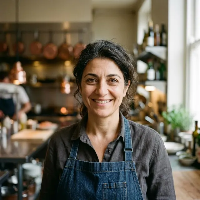 A restaurant owner in a chef's apron smiling in her kitchen.