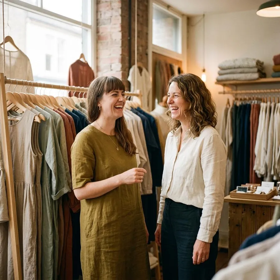 A boutique owner laughing with a customer among racks of linen.
