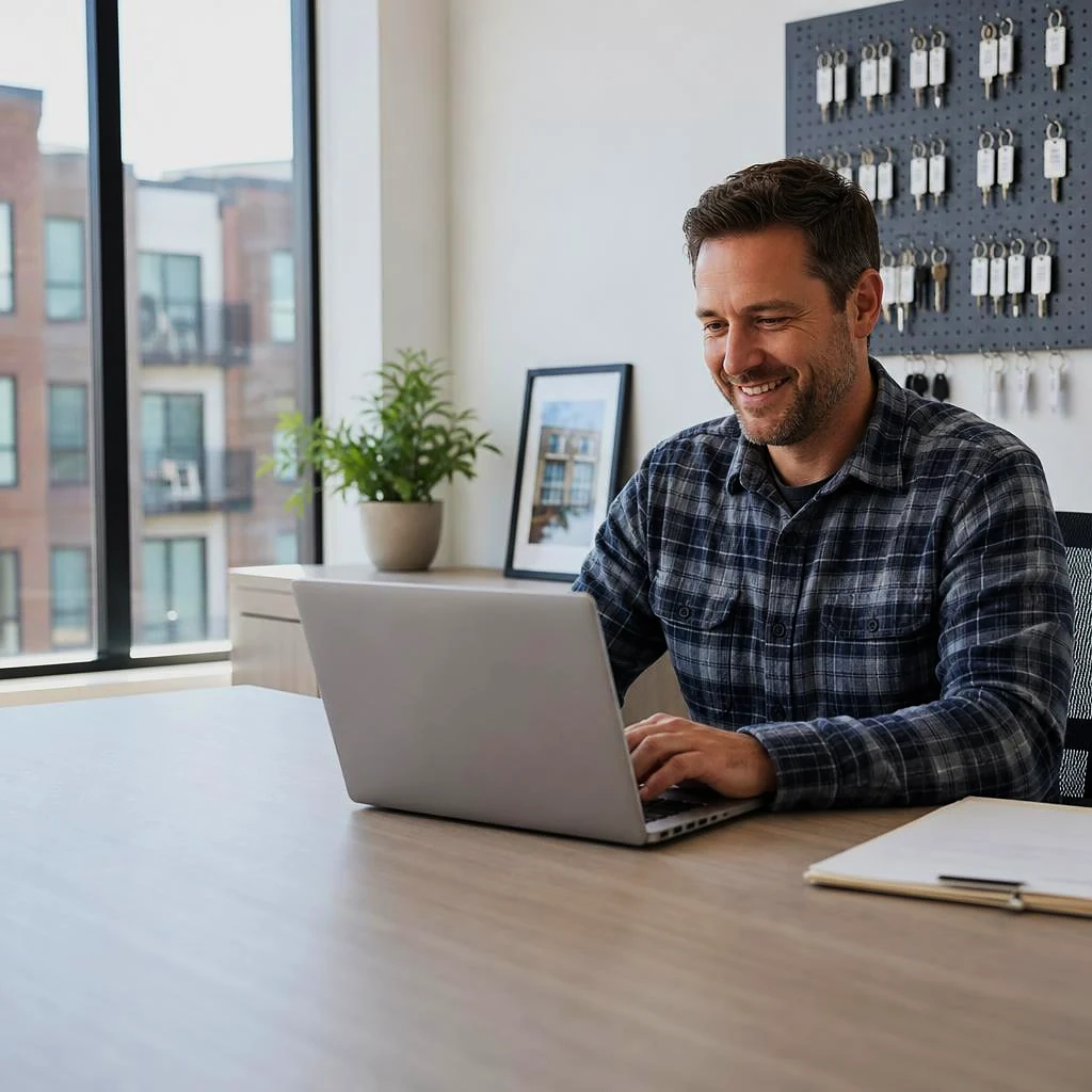 A property manager in a flannel shirt smiles at his laptop at his office desk, a pegboard of keys behind him and brick apartment buildings out the window.