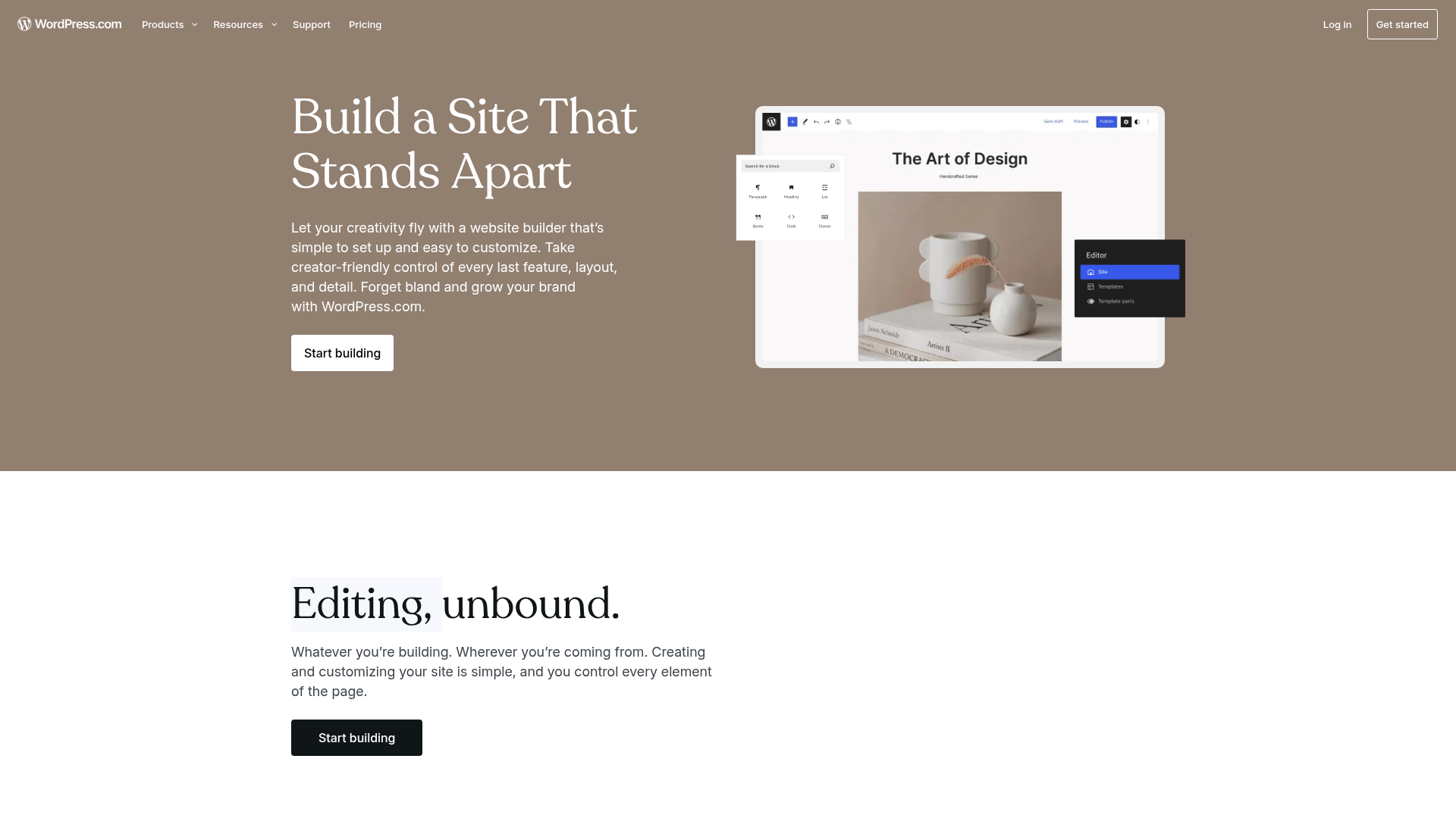 WordPress.com website builder interface