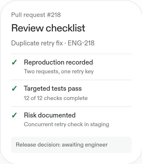 Example review checklist: reproduction recorded, tests passing, risk noted, and release decision awaiting an engineer.