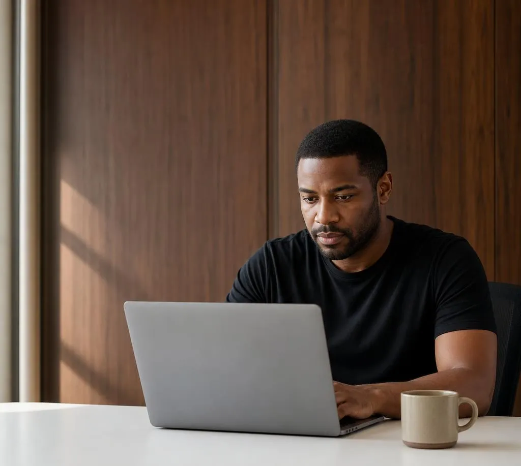 Engineer reviewing a pull request on his laptop