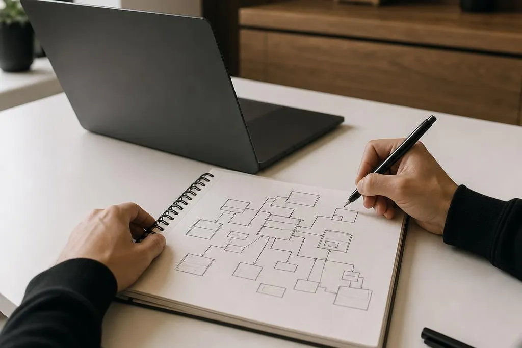 Hands sketching a system diagram in a notebook beside a laptop
