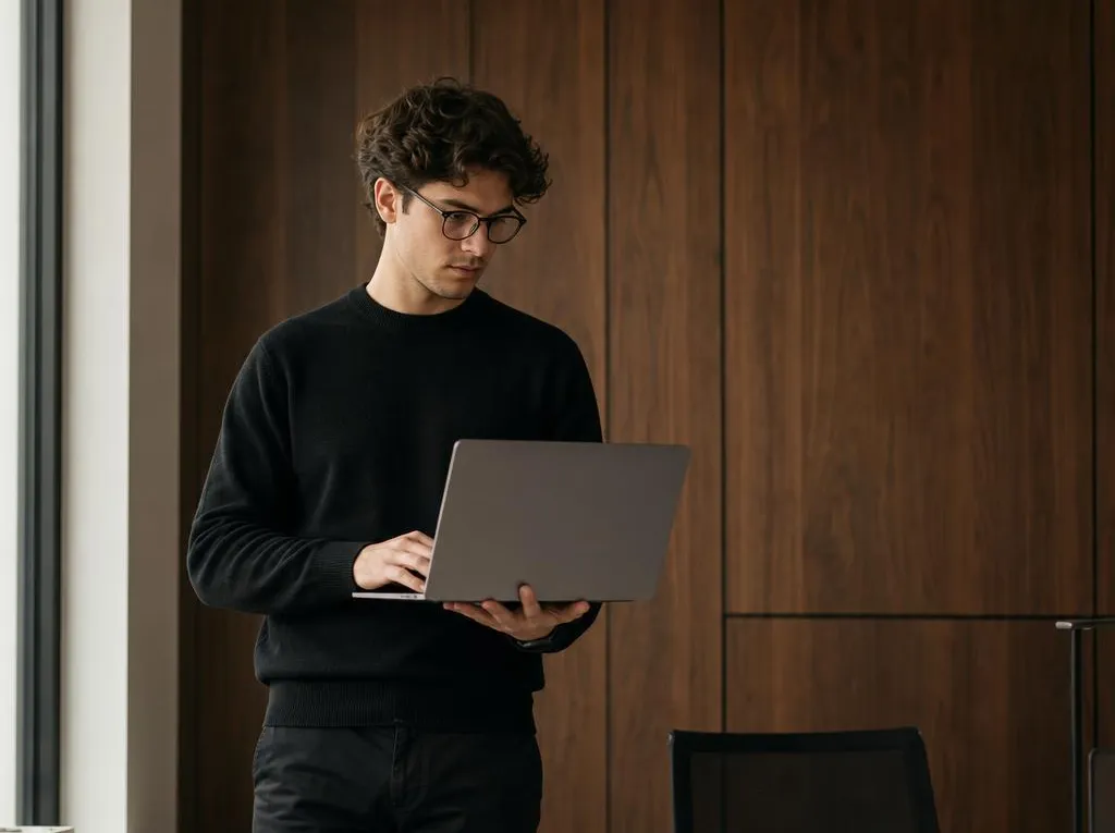 Engineer holding a laptop in a wood-paneled office