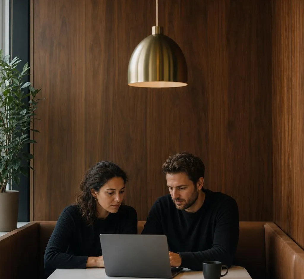 Two engineers pairing at a laptop