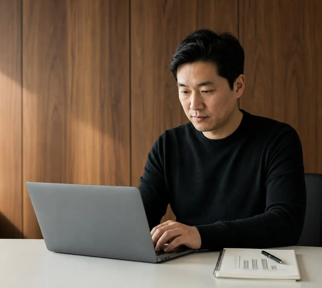 Data analyst reviewing a dashboard on his laptop