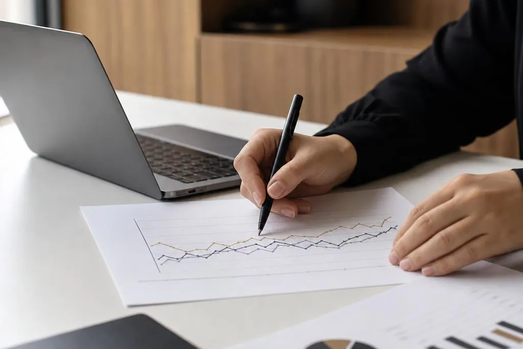 Hands marking up a printed chart beside a laptop