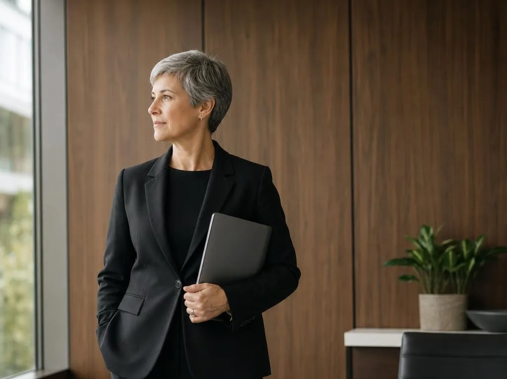 Analyst holding a laptop in a wood-paneled office