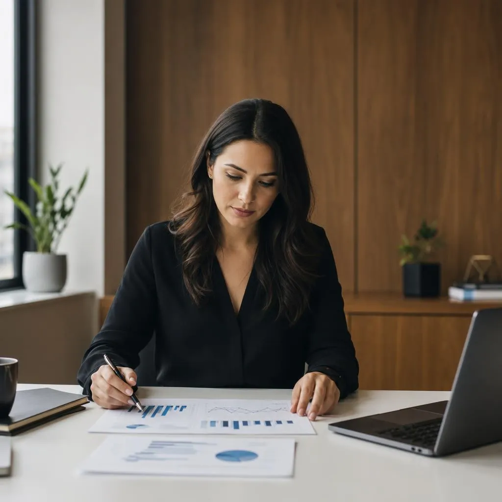 Finance analyst reviewing printed forecast charts at her desk