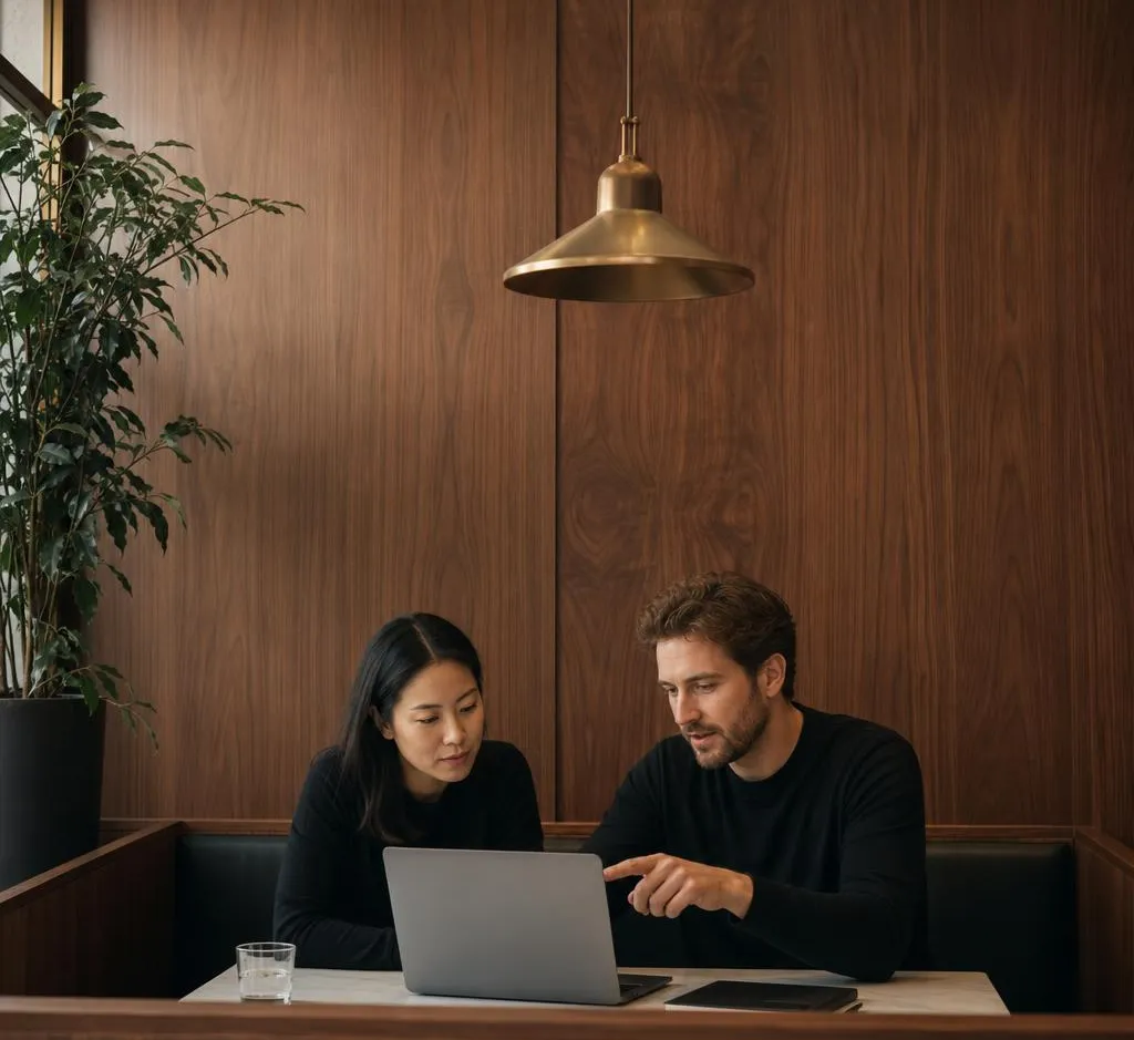 Two analysts discussing a metric change at a laptop