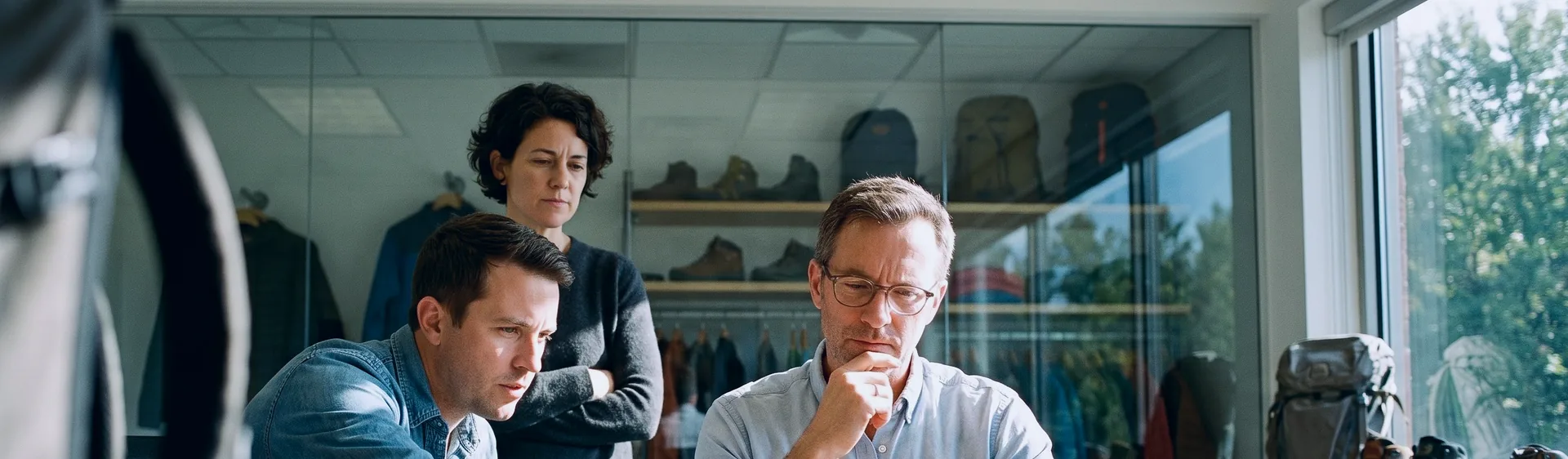 An outdoor gear company's finance team studying sales results on a laptop in a meeting room lined with sample boots and backpacks.