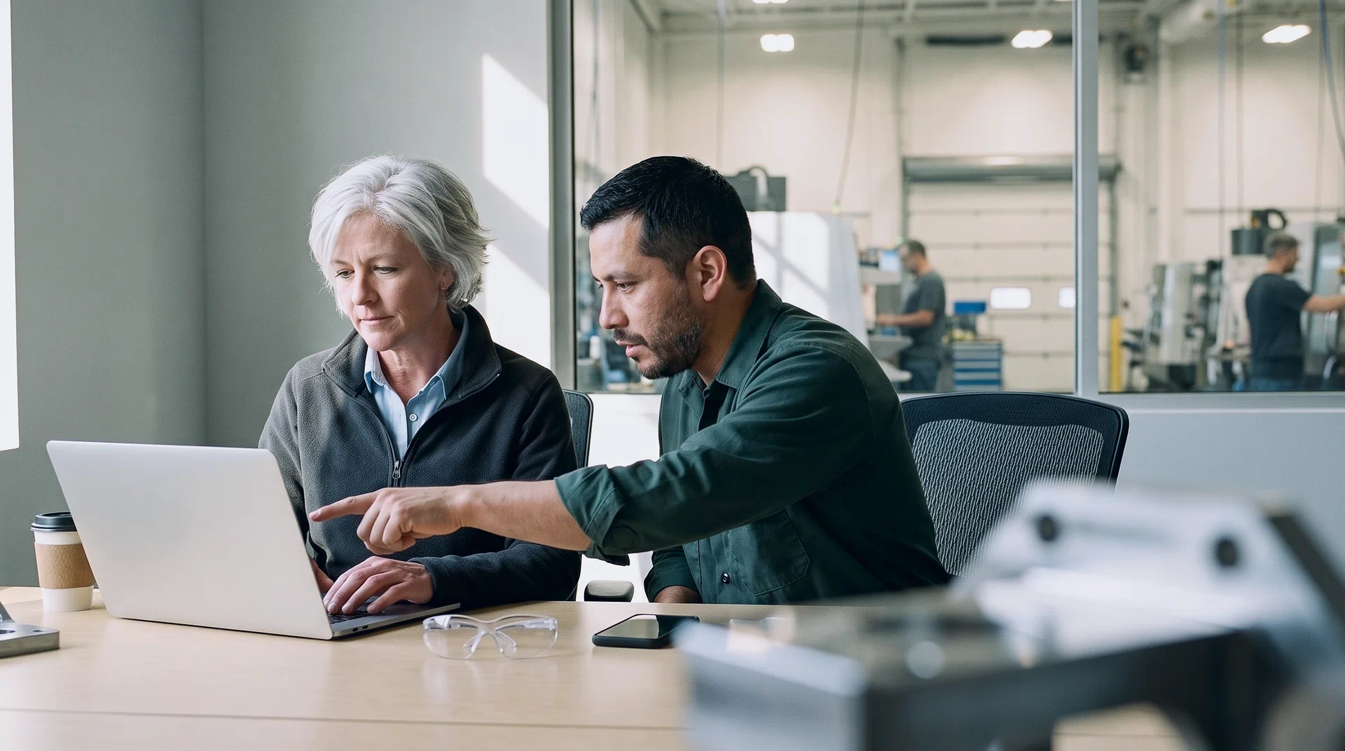 A manufacturer's plant operations manager working on a laptop while the maintenance supervisor points at her screen, in a sunlit office overlooking the machine shop floor.