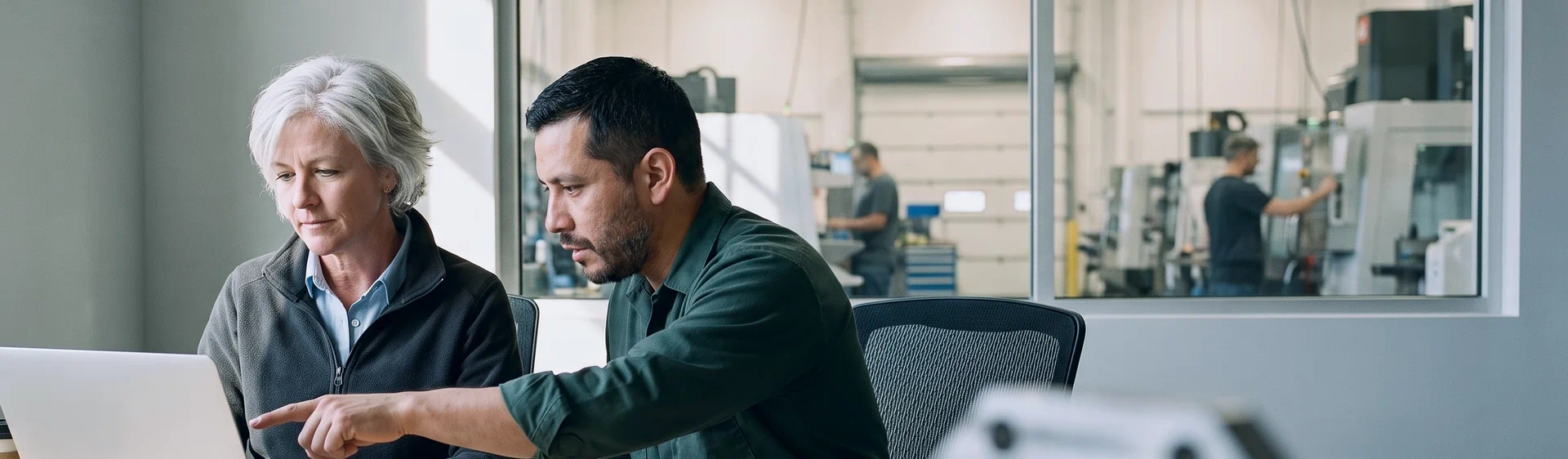 A plant operations manager working on a laptop while the maintenance supervisor points at her screen, in a sunlit office overlooking the machine shop floor.