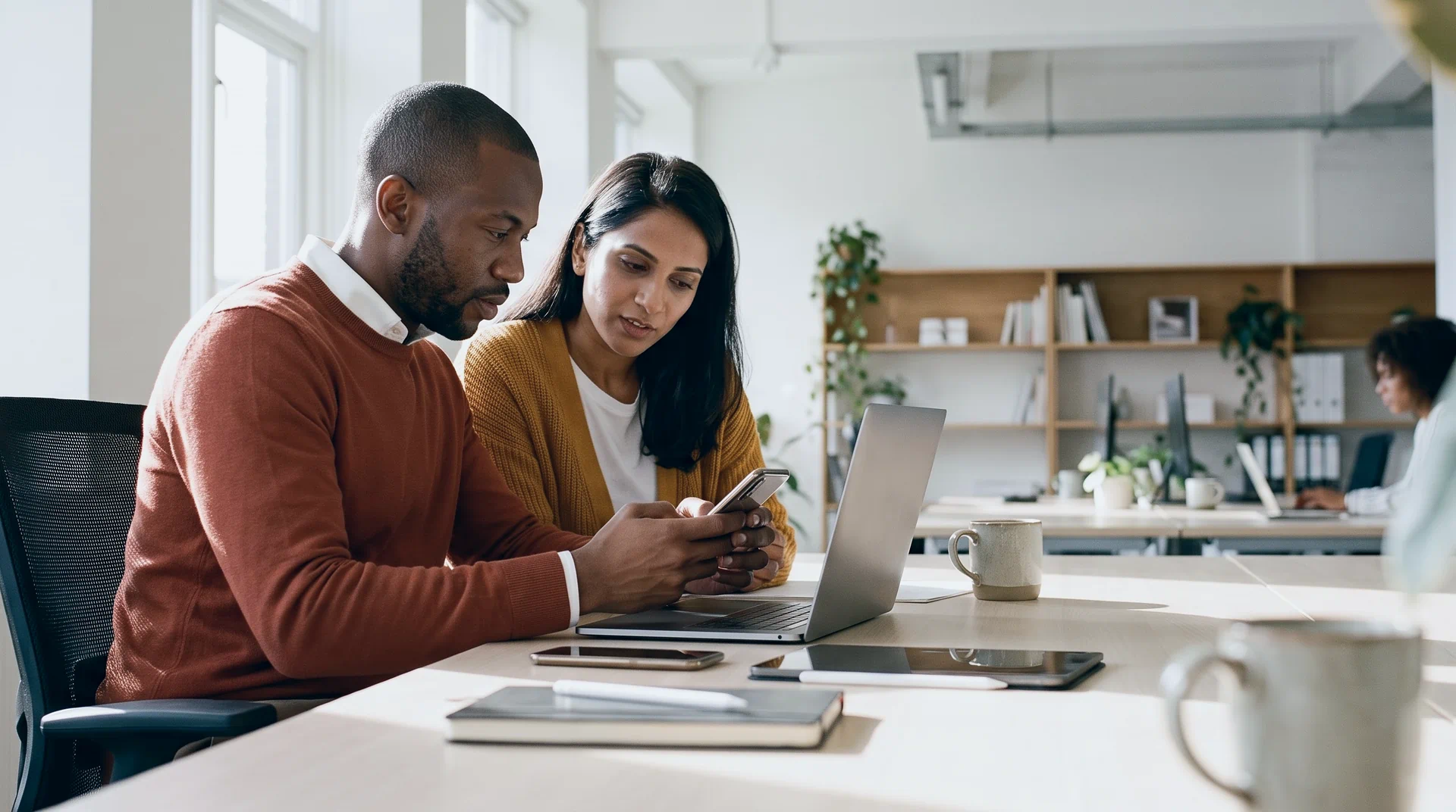 An insurance company's product lead trying an app on his phone beside a laptop while a product designer leans in to watch, at a sunlit table in an open-plan office.