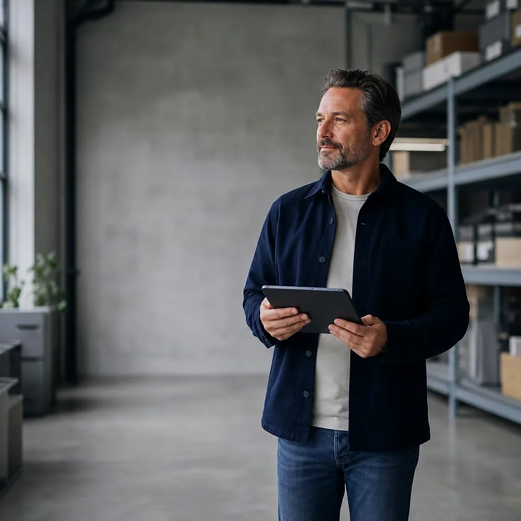 An operations manager holding a tablet in a bright warehouse office.