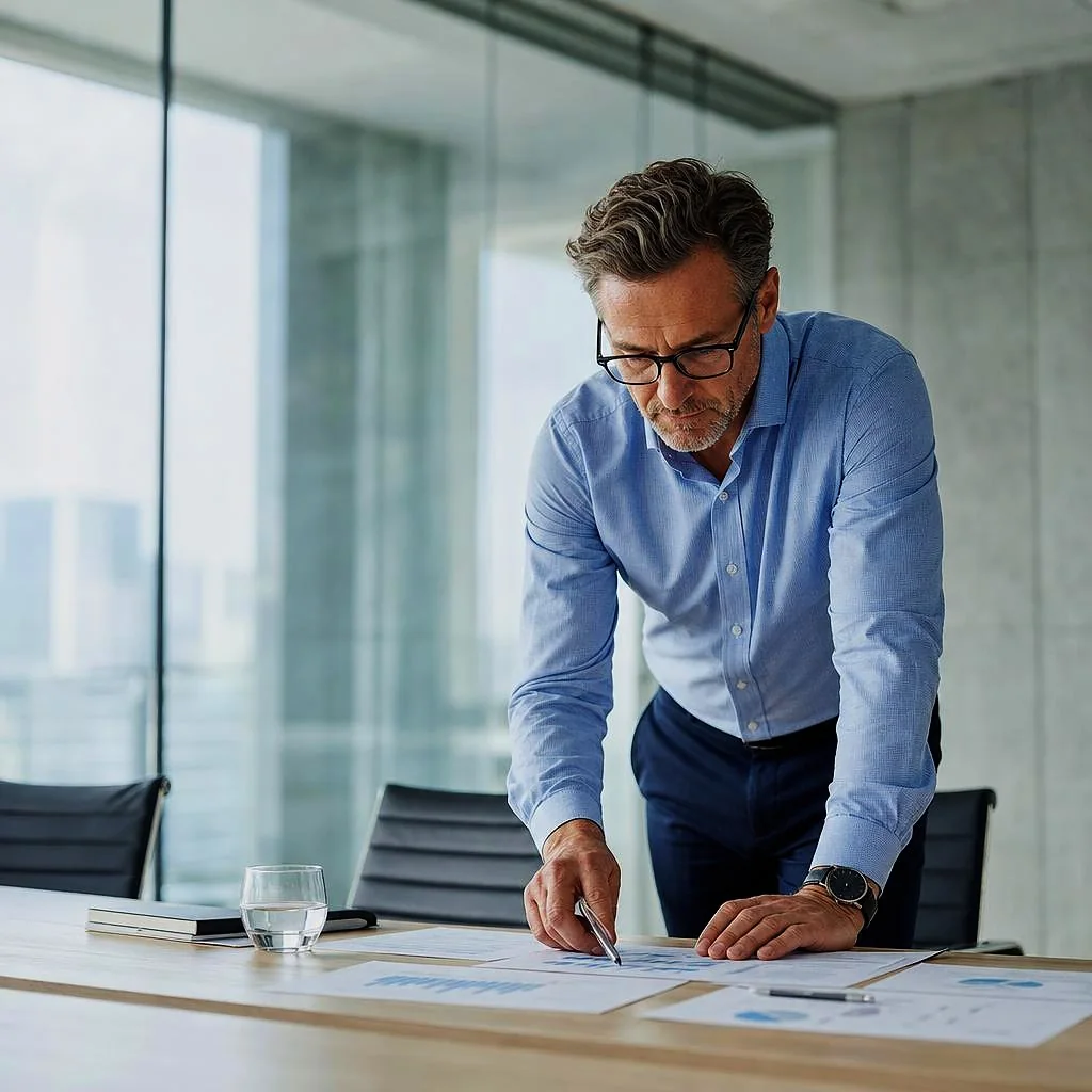 A finance director leaning over printed charts on a meeting table.