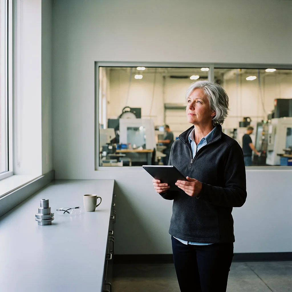 A manufacturer's plant operations manager holding a tablet in an office overlooking the machine shop floor.