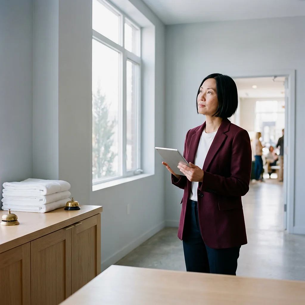 A hotel group's operations director holding a tablet in the back office behind the front desk.