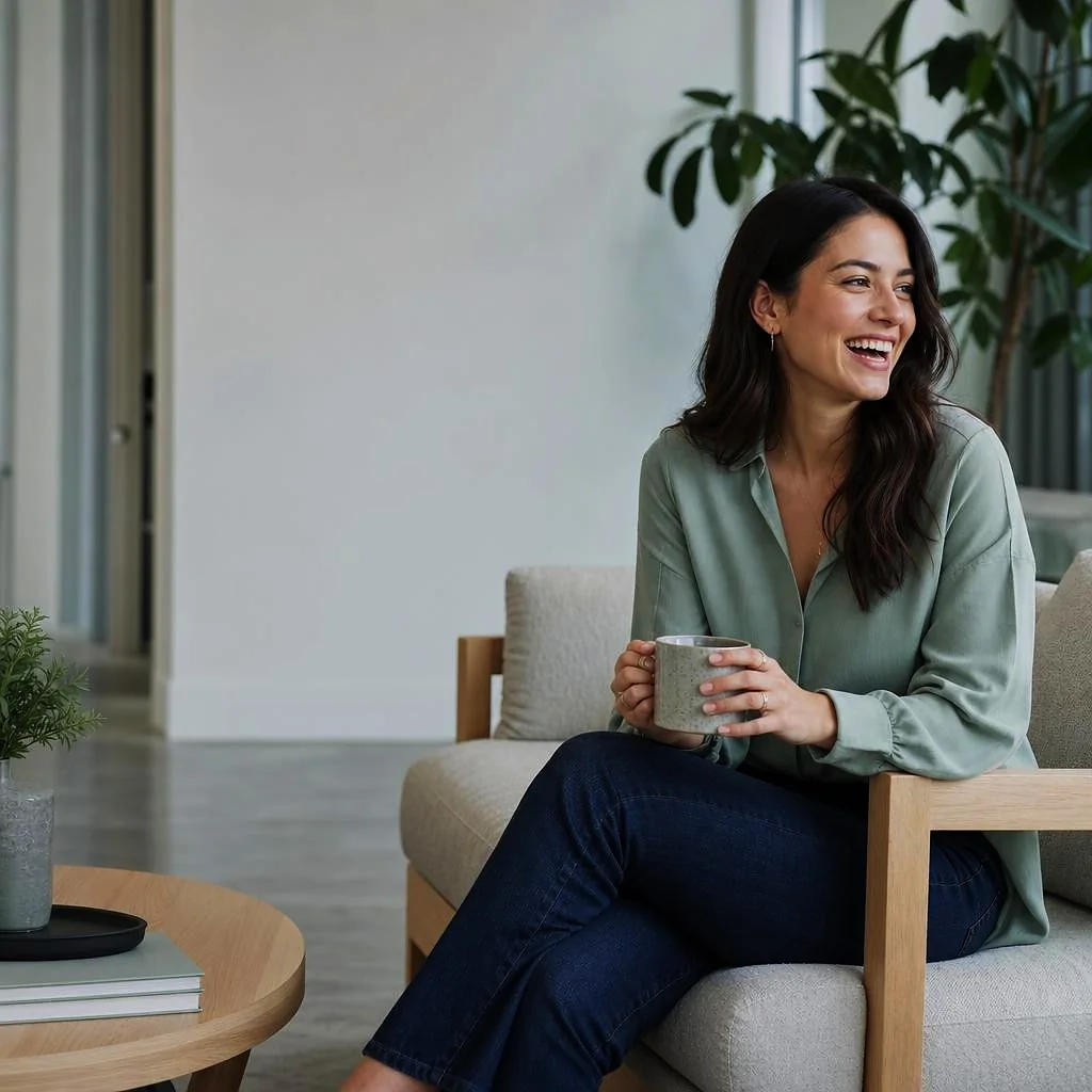 A people operations lead laughing over coffee in the office lounge.