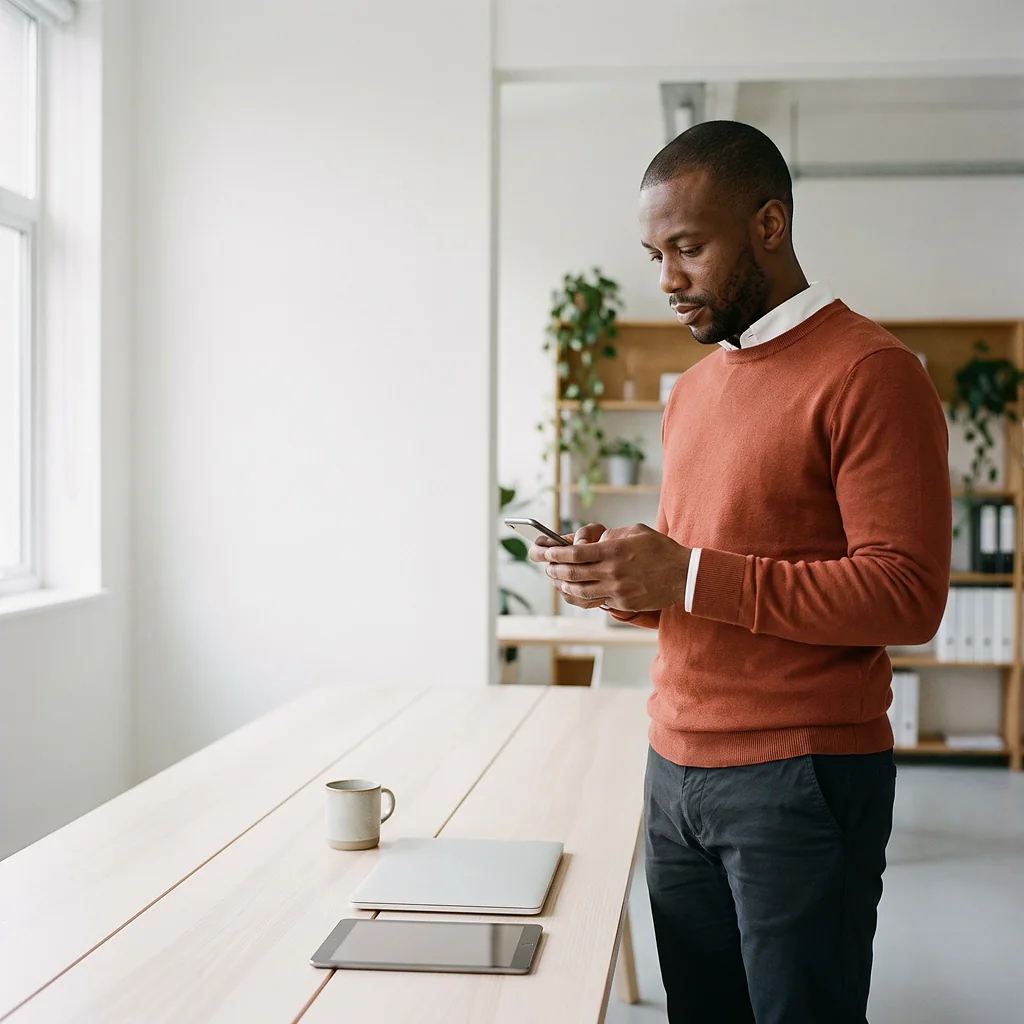 An insurance company's product lead trying an app on his phone in a bright open-plan office.