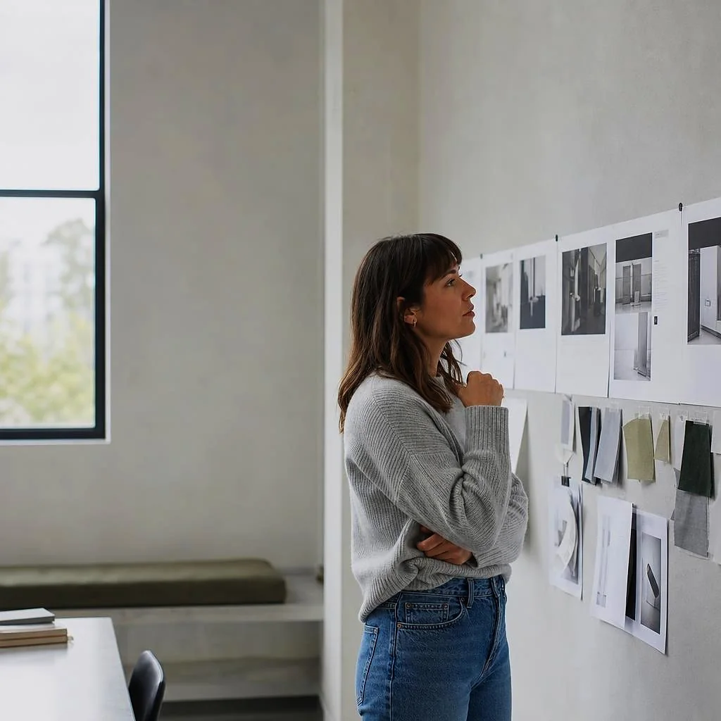 A marketing director looking over printed page layouts pinned to a studio wall.