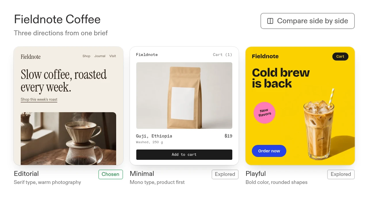 Example design directions for Fieldnote Coffee: a chosen editorial page with serif type and warm photography, a minimal product-first page, and a playful page with bold color.
