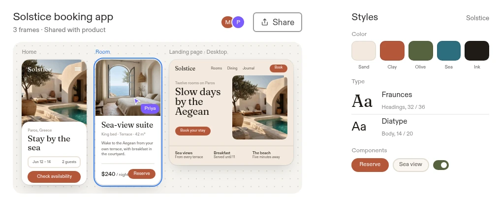 Example design canvas for a boutique hotel booking app beside its style panel of colors, type, and components.