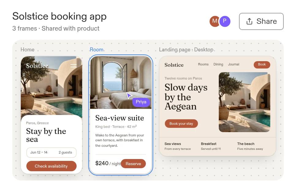 Example design canvas for Solstice, a boutique hotel booking app: mobile home and room screens and a desktop landing page, with a teammate's cursor on the room screen.