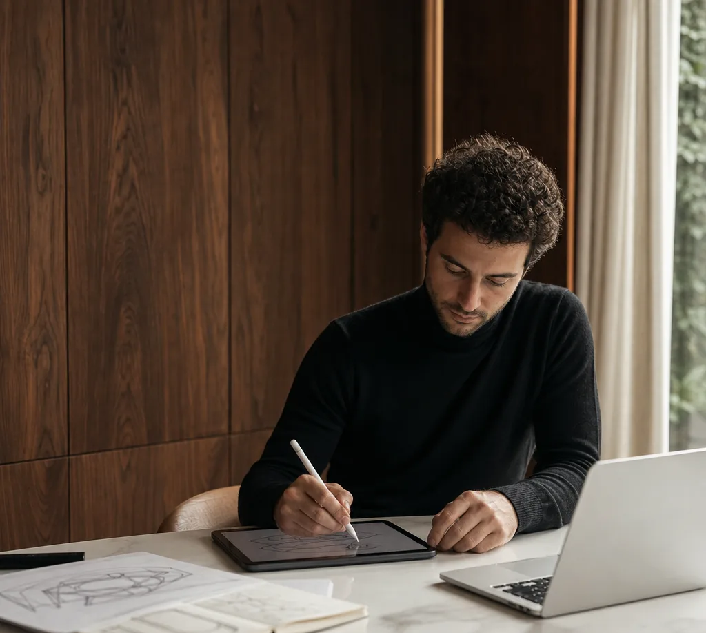 Designer sketching on a tablet beside a laptop