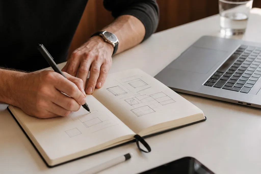 Hands sketching wireframes in a notebook beside a laptop