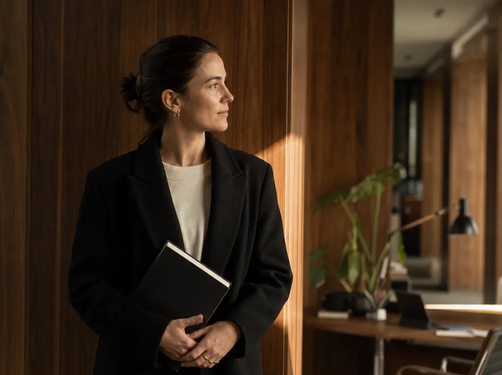Designer holding a sketchbook in a wood-paneled office